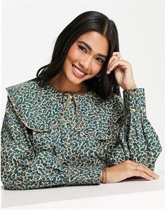 Зеленая блузка из органического хлопка с мелким цветочным принтом оборками на воротнике и объемными  Vero moda