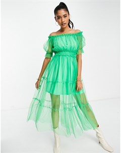 Ярко зеленое ярусное платье миди с сетчатыми вставками и открытыми плечами River island