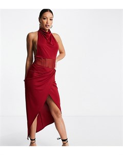 Бордовое платье миди с корсетной вставкой из сетки и свободным воротом ASOS DESIGN Tall Asos tall