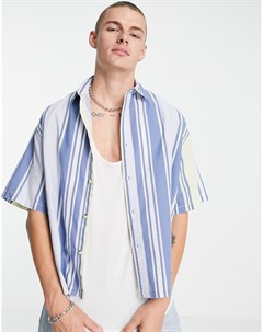 Голубая oversize рубашка свободного кроя в полоску из ткани под лен Asos design