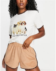 Пижамный комплект из футболки с принтом Together Forever с собаками и махровых шорт кремового и кори Asos design
