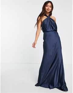 Атласное платье макси темно синего цвета с присборенной горловиной халтер Asos edition