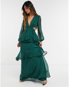 Хвойно зеленое платье макси с длинными рукавами и круговой отделкой Asos design