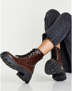 Ботинки на шнуровке шоколадного цвета под крокодилью кожу Kali Topshop