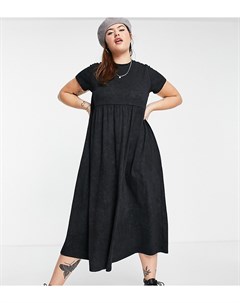 Черное выбеленное платье футболка мидакси с завязками сзади и присборенной юбкой ASOS DESIGN Curve Asos curve