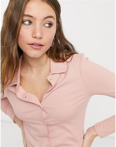 Светло розовая футболка с воротником и сквозной застежкой на пуговицы New look