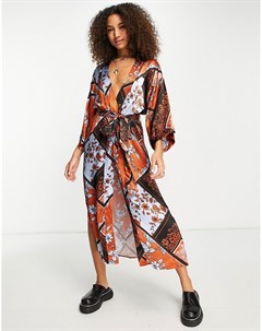 Атласное платье кимоно в стиле пэчворк Premium Topshop