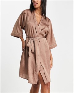 Атласный халат цвета мокко в горошек с рукавами кимоно Vero moda