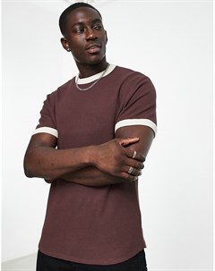 Темно коричневая футболка из вафельного трикотажа с бежевой контрастной окантовкой Asos design