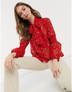Красная блузка с завязкой на вороте и цветочным принтом New look