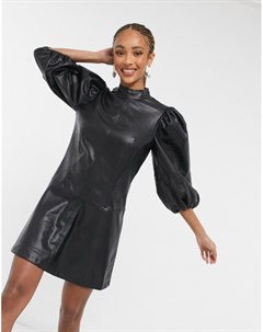 Черное платье мини из искусственной кожи с пышными рукавами IDOL Topshop
