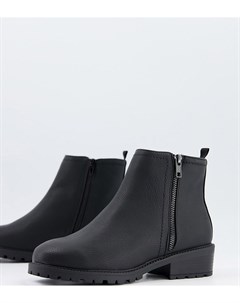 Черные ботинки на плоской массивной подошве с молнией сбоку New look wide fit