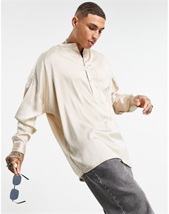 Атласная рубашка без застежки в стиле oversized с воротником на пуговицах цвета шампанского Asos design