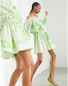 Платье мини цвета зеленого яблока с открытыми плечами цветочной вышивкой и завязкой на талии Asos edition