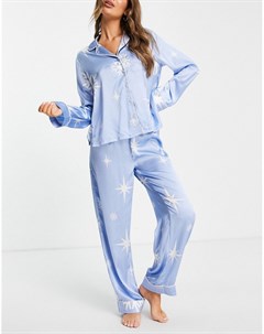 Новогодний атласный пижамный комплект голубого цвета из брюк и рубашки с принтом снежинок и подарочн Asos design
