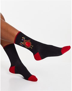 Черно красные носки в новогоднем стиле с изображением снегиря Pretty polly