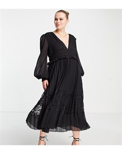 Эксклюзивное черное плиссированное платье миди с глубоким вырезом и кружевными вставками по краю ASO Asos curve