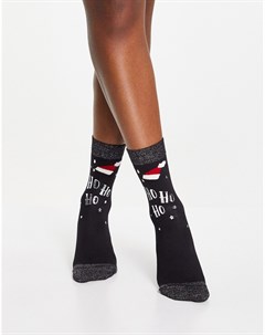 Черные носки с блестками в новогоднем стиле с надписью Ho Ho Ho Pretty polly