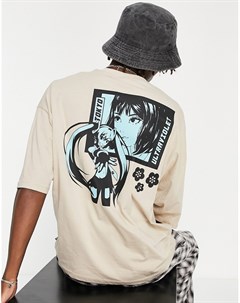 Бежевая oversized футболка с принтом аниме на спине Asos design