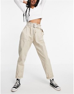 Светло бежевые брюки с присборенной талией New look