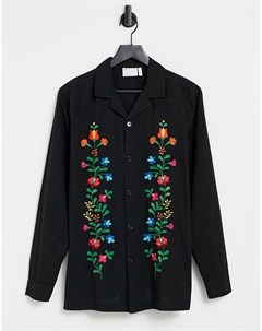Черная рубашка классического кроя из хлопкового вельвета с отложным воротником и вышивкой на груди Asos design