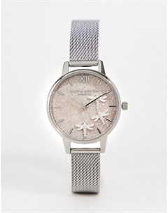 Часы с сетчатым ремешком и блестящим циферблатом розового и серебристого цветов Olivia burton