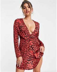 Красное платье с глубоким вырезом узлом и леопардовым принтом I saw it first