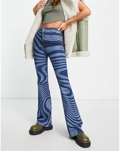 Расклешенные эластичные джинсы с волнистым принтом голубого цвета Topshop