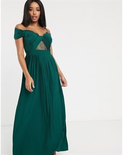 Зеленое плиссированное платье макси с кружевом и открытыми плечами Fuller Bust Premium Asos design