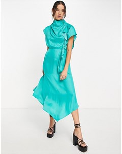 Сине зеленое нарядное платье миди премиум класса со сборками и драпированным вырезом на спине Topshop