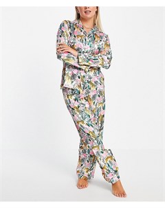 Атласный пижамный комплект с принтом роз и леопардов принтом Night