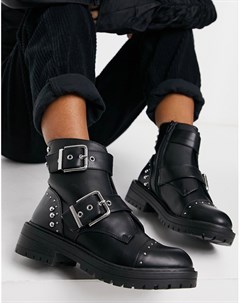 Черные ботинки с заклепками и пряжками New look
