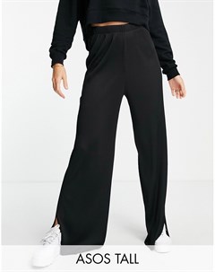 Черные плиссированные брюки с широкими штанинами и разрезами по бокам ASOS DESIGN Tall Asos tall