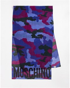Синий шарф с камуфляжным принтом и логотипом Moschino