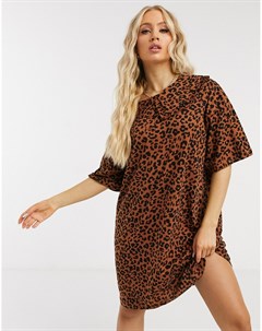 Платье футболка мини с воротником в стиле oversized и леопардовым принтом Asos design