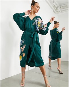 Зеленое атласное платье миди с поясом и цветочной вышивкой Asos edition