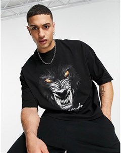 Черная выбеленная футболка в стиле oversized с графическим принтом волка на спине ASOS Dark Future Asos design