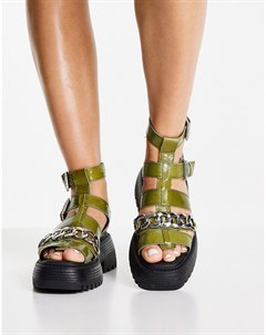 Массивные кожаные сандалии зеленого цвета с цепочками Pioneer Topshop