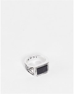 Серебристое кольцо печатка с черным искусственным камнем Icon brand