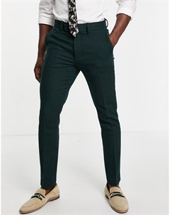 Темно зеленые зауженные брюки с добавлением шерсти с узором елочка Wedding Asos design