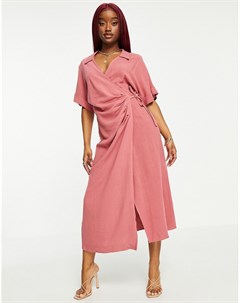 Льняное платье миди пыльно розового цвета с запахом Asos design