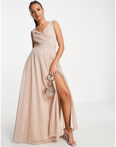 Платье макси нежно розового цвета с вышивкой глубоким вырезом и длинными рукавами Goddiva