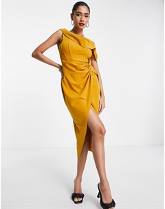 Присборенное платье футляр миди горчичного цвета на одно плечо с запахом Asos design