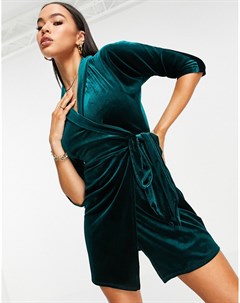 Бархатное платье мини зеленого цвета с запахом Asos design