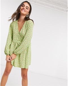 Зеленое oversized платье мини с запахом и цветочным принтом Asos design