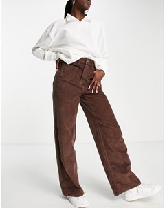 Вельветовые брюки шоколадного цвета с широкими штанинами и карманами Only
