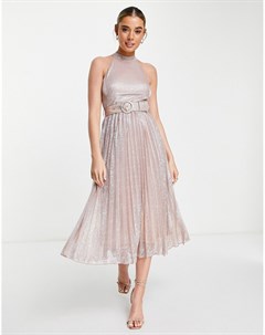 Платье миди цвета розового золота со складками и металлическим поясом Style cheat