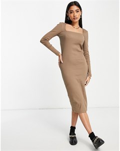 Светло коричневое облегающее платье миди с квадратным вырезом Vero moda