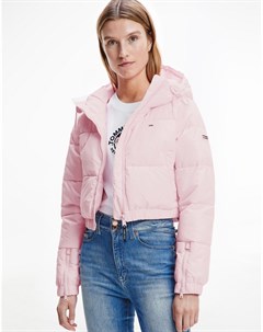 Светло розовая укороченная куртка пуховик с капюшоном Tommy jeans