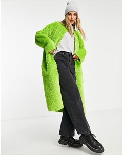 Лаймово зеленое пальто из искусственного меха без воротника Topshop
